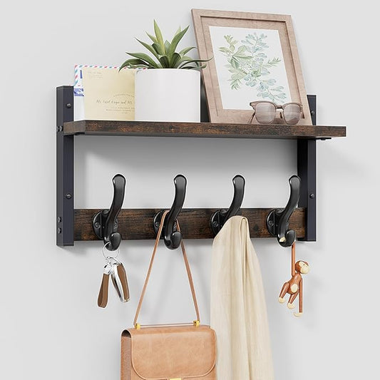 Tatub 16" Rustic Coat Rack Wall Mount with Shelf, Wall Hooks with Shelf, Heavy Duty Entryway Organizer Hangers for Hanging, Hat, Bag, Jacket for Bathroom, Living Room, Bedroom