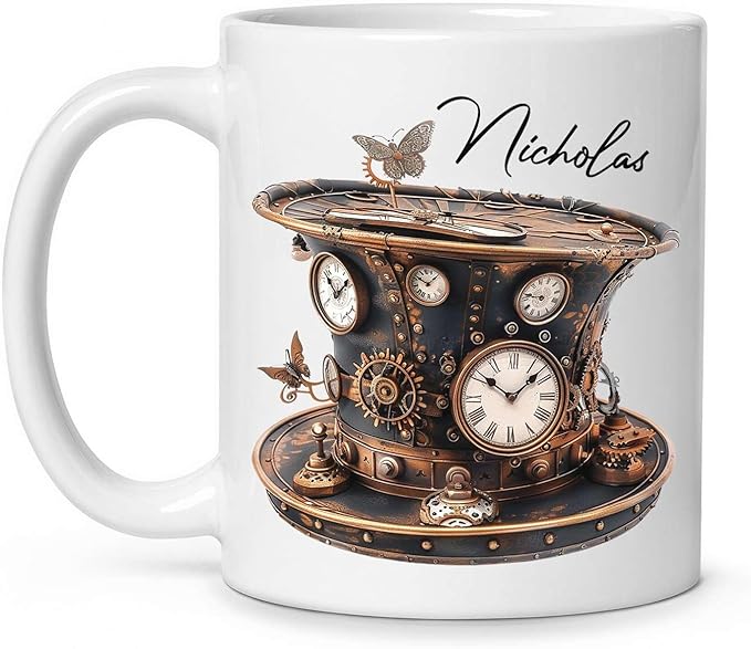 Personalized Coffee Mug Gift For Men, Customized Choose Name White Cup 11oz Or 15oz, Unique Steampunk Design Ceramic Cup, Custom Clock Themed Decorative Cup, Steampunk Decor Mug