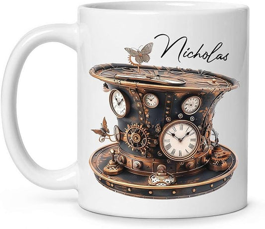 Personalized Coffee Mug Gift For Men, Customized Choose Name White Cup 11oz Or 15oz, Unique Steampunk Design Ceramic Cup, Custom Clock Themed Decorative Cup, Steampunk Decor Mug