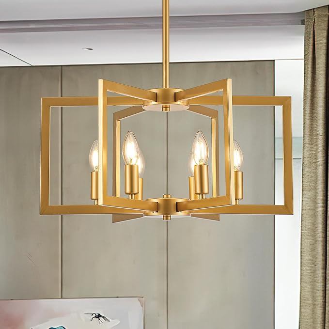 Modern Farmhouse Gold Chandeliers for Dining Room, 6-Light Industrial Metal Chandeliers Geometric Pendant Lights Kitchen Island for Entryway Stairway Foyer Hallway