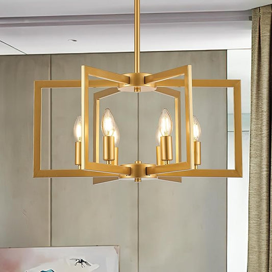 Modern Farmhouse Gold Chandeliers for Dining Room, 6-Light Industrial Metal Chandeliers Geometric Pendant Lights Kitchen Island for Entryway Stairway Foyer Hallway