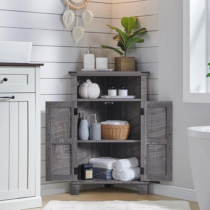 Corner Bathroom Cabinet, Farmhouse Small Corner Cabinet with Barn Door & Adjustable Shelf, Storage Cabinets for Bathroom, Kitchen, Living Room, Grey Wash