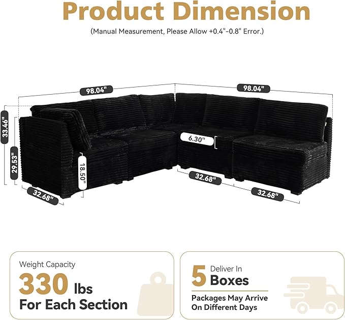 Modular Sectional Sofa with Chaise U Shaped Sectional Couch for Living Room, 5-Seater Comfy Cloud Couches, Plush Corduroy, Black