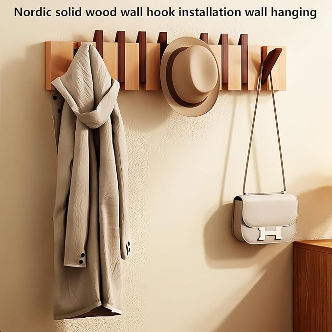 Wall Mounted Piano Key Hanger | Flip Style Hook | Entrance Wall Art Hook, Made of Oak Wood (3 Times Painted, 4 Times Polished) (Walnut-Beech, 12Hooks)
