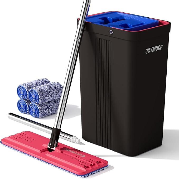 JOYMOOP Mop and Bucket with Wringer Set, Hands Free Flat Floor Mop and Bucket, with 4 Washable Microfiber Pads, Wet and Dry Use, Floor Cleaning System - Black+Red+Slate Blue