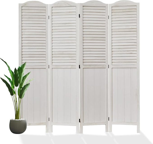 Room Partitions and Dividers, 68.9 Inch Temporary Wall with Double Hinges, Wooden Louver & MDF Stable Screens for Home Office Bedroom Coffeehouse Decoration (4 Panels, White-Washed)