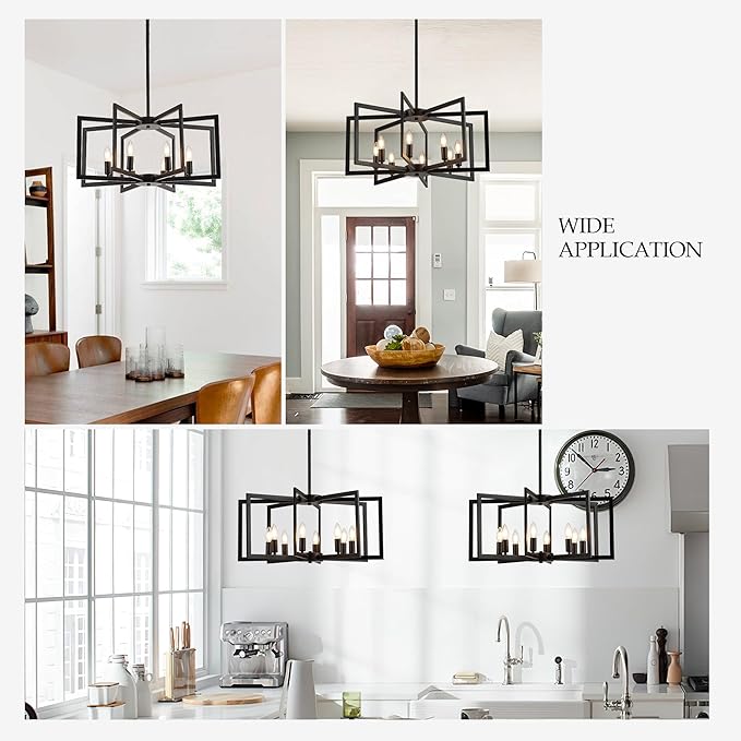 Modern Farmhouse Black Chandeliers for Dining Room, 8-Light Industrial Metal Chandeliers Geometric Pendant Lights Kitchen Island for Entryway Stairway Foyer Hallway