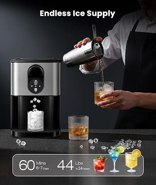 Nugget Ice Makers Countertop, Pellet Ice Maker Machine Dispenser with Water Reservoir with 44lbs/24H, Self-Cleaning, Soft Chewable Ice Maker Machine for Home/Kitchen/Office, Silver Stainless