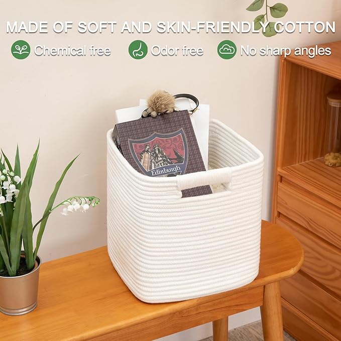 OIAHOMY Storage Cubes 11 Inch - 3 Pack, Cotton Rope Woven Baskets for Organizing, Square Storage Baskets for Shelves Organizer, Classroom, Kids Toy Bins, Closet, Baby Nursery-White