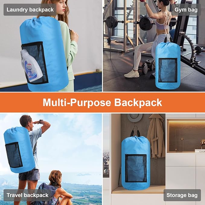 Femuar Laundry Bag Backpack Durable Laundry Bag with Shoulder Straps and Mesh Pockets Portable Laundry Dirty Clothes Hamper Bag for College Dorm (Blue)