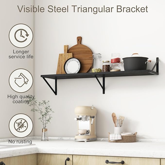 Fun Memories 40 Inch Floating Shelves, 10 Inch Deep Wall Shelf, 40 x 10 Floating Shelf Set of 2, Black Wood Floating Shelf Wall Mounted, Large Kitchen Living Room Bedroom Storage Shelves