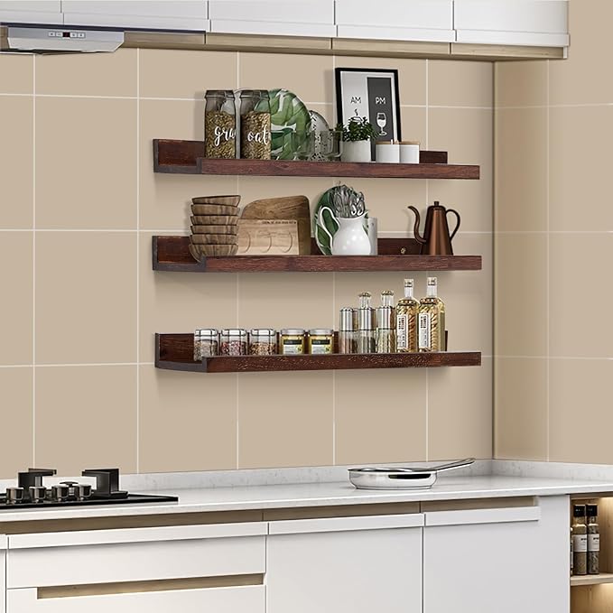 AZSKY Walnut Floating Shelves 24 Inch Picture Ledge Shelf for Wall Photo Shelves with Lip for Pictures Nursery Room Bookshelf Wood Wall Shelves Set of 3 for Bedroom Living Room Bathroom Kitchen