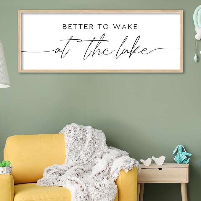 SRSZHIYUE Better To Wake At The Lake Wall Decor Above Bed Sign 40"×15" for Lake House Bedroom Over Bed Large Wood Framed Wall Hanging Art (Wood)