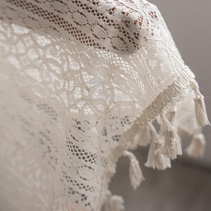 Sutuo Home Boho Curtain Crochet Lace Semi-Sheer Florals Hollow Knitted Handmade Tassels, Rod Pocket Window Treatment Vintage Rustic Farmhouse Drapes for Living Bedroom, 1 Panel 59" W x 96" L, Beige