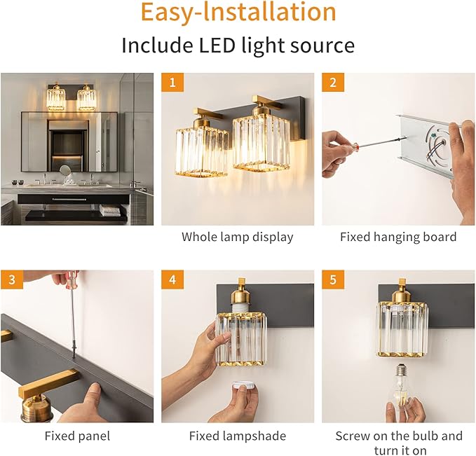 Modern Bathroom Vanity Light 2-Lights Black Gold Crystal Bathroom Wall Light Vanity Light Fixtures，12.59-inch Modern Minimalist Design