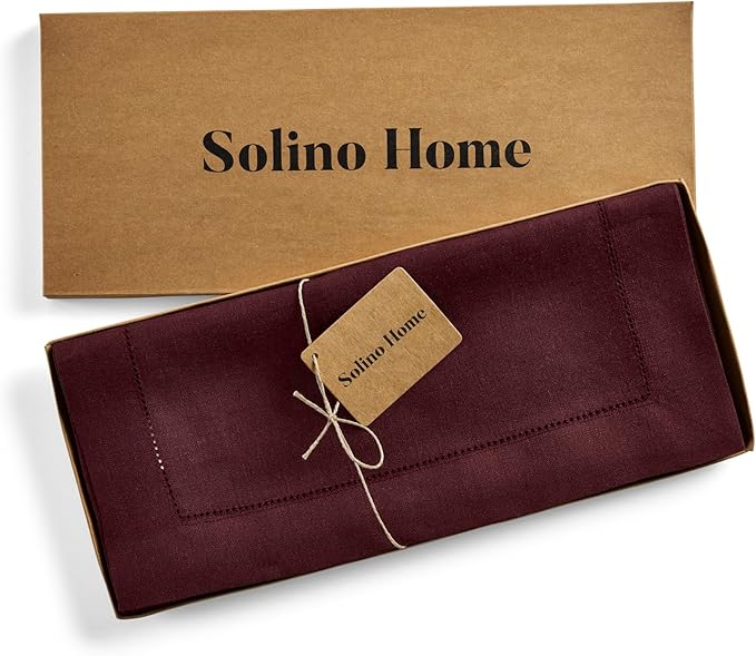 Solino Home Linen Burgundy Table Runner 120 Inches Long - 100% Pure Linen 14 x 120 Inch Table Runner for Fall, Autumn, Thanksgiving - Classic Hemstitch