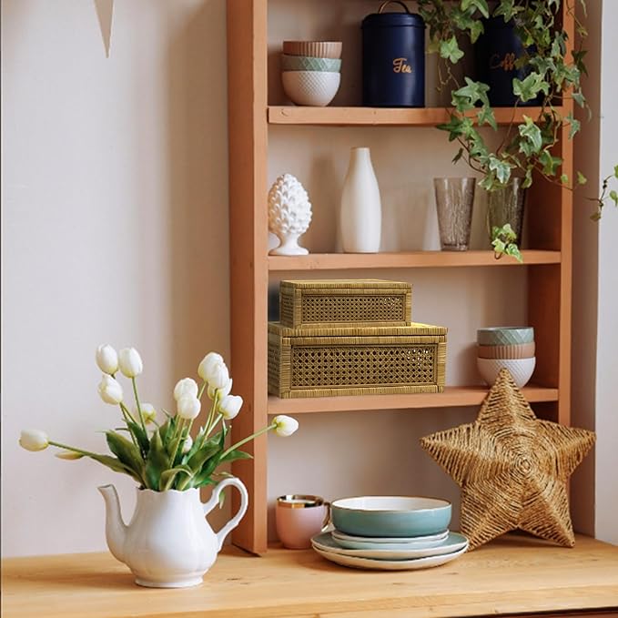 Rattan Box for Home Decor with Lid - Rectangular Coastal Bohemian Style Stackable Decorative Storage Box Set - Handmade from Natural Rattan, Cedar & Real Glass