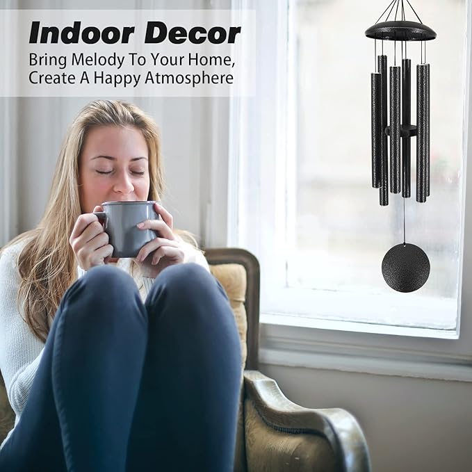 Sympathy Memorial Wind Chimes, 36' with 6 Metal Tubes, Outdoor Deep Tone for Garden, Christmas Hanging Decor - Black Grey