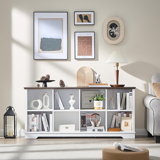 Farmhouse 8 Cube Bookshelf, White Storage Organizer Bookcase, Kids Toy Storage Cabinet, Long Bookshelves Storage Organizer Shelf, Wood Display Cabinet Book Shelves for Bedroom,Living Room,Office