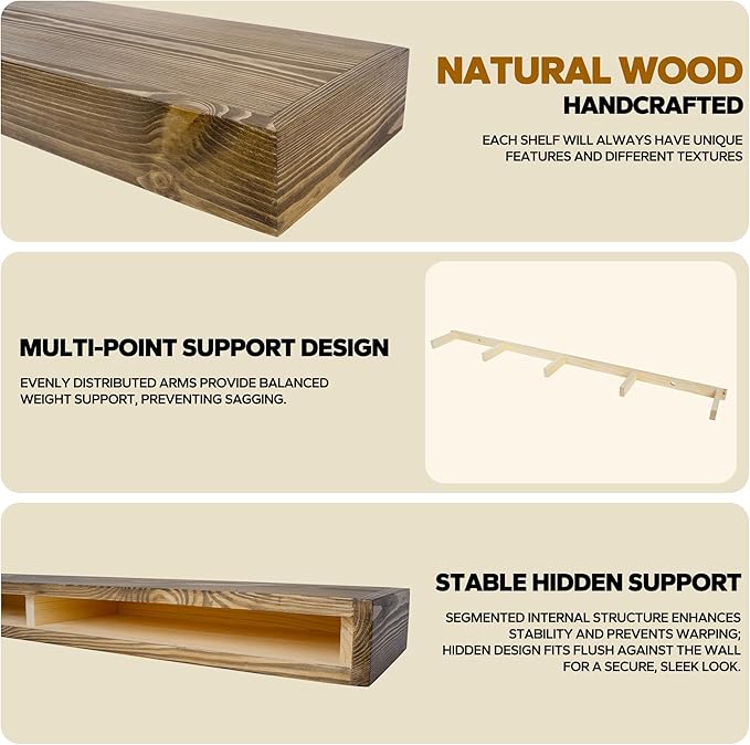 Floating Shelves 3 inch Thick for Wall Set of 2,Solid Pine Wood Wall Mount Shelf for Kitchen Living Room Bedroom Bathroom,8" D x 60" L x 3" H-Black Walnut