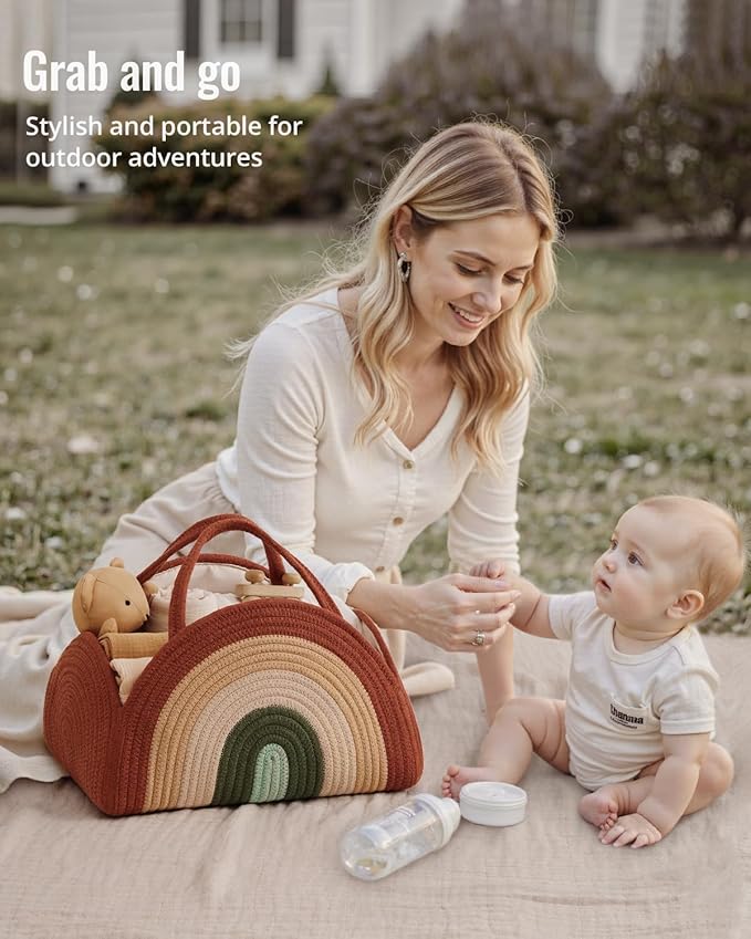 Blissful Diary Baby Diaper Caddy Organizer, Cotton Rope Diaper Caddy Basket, Large Storage Basket, Gift for Baby Shower, Newborn Essentials, Rustic Rainbow