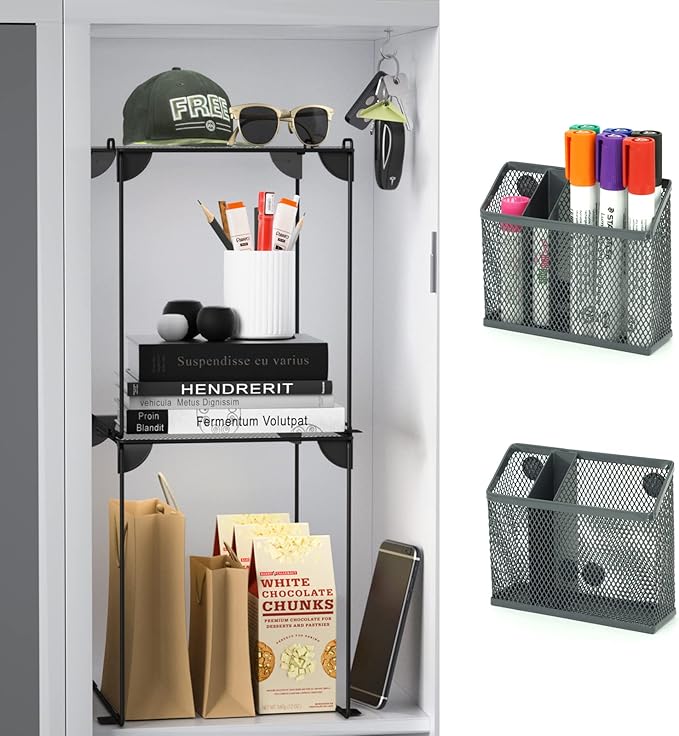 Neudeco Locker Accessories and Decor Kit, Including Mesh Shelf, Organizer, Magnetic Basket and Pen Holder, Suitable for School, Work, Kitchen, Bathroom, (Pack of 4, Grey)