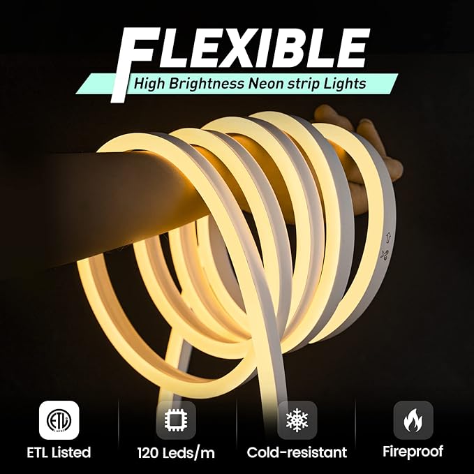 GZBtech Flexible LED Neon Rope Lights 132FT,AC 110-120V Waterproof Strip Light, 120 LEDs/M Cuttable Connectable Neon Lighting for Indoor Outdoor Home Decor/Commercial Building Use-Warm White 40M