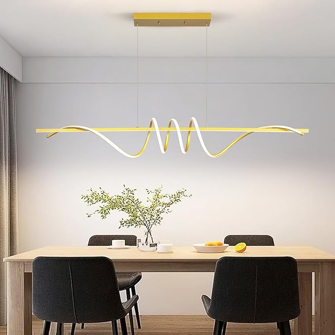 Modern Design Dimmable Desk Linear Pendant Light, with Remote Control Dimmable 3 Color Mode & Brightness Ceiling Lamp, Anti-Flicker Dining Light Fixture for Kitchen, Dining Room (Gold, 57IN)
