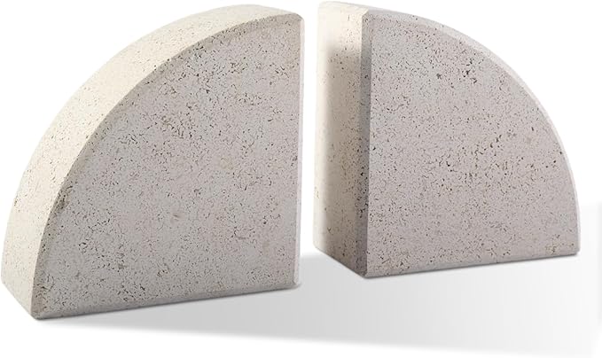 Marble Bookend for Shelves, Non-Skid Bookends for Heavy Books, Heavy Duty Book Stopper for CDs, Luxury Book Shelf Holder, Quarter Circle Design Book Ends Decorative, Moleanos Beige, Set of 2