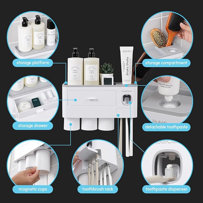 HubiCare Toothbrush Holder with Toothpaste Dispenser Wall Mounted for Bathroom, Automatic Toothpaste Squeezer, Bathroom Organization and Storage, 5 Toothbrush Slots (3 Cups)