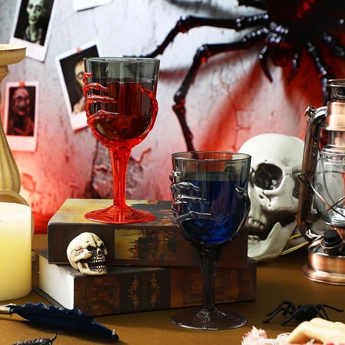 Dandat 24 Pcs Halloween Skeleton Hand Goblets 12oz Clear Plastic Halloween Cups Skull Wine Glass Set for Creepy Spooky Party Decorations (Black,Orange)