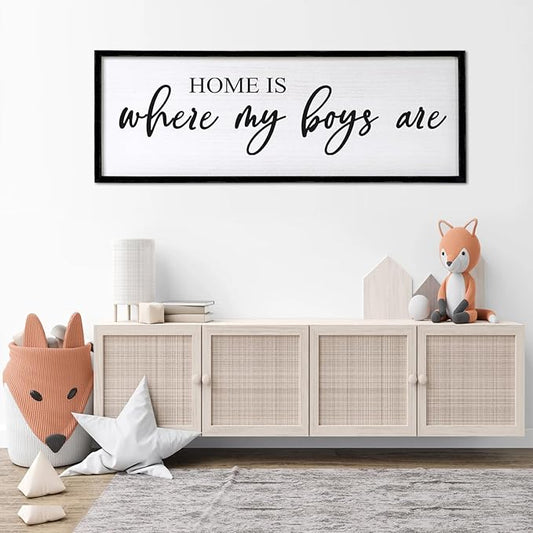 Home is Where My Boys are Sign Framed Wall Art, 40''×15'' Rustic Horizontal My Son Plaque with Black Frame for Baby Kid Boy Son Teen Toddlers Room, Horizontal Mom of Boys Gifts Nursery Decor
