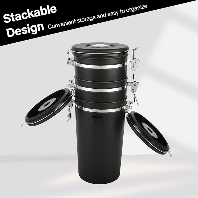malmo Coffee Canister Set of 3, Airtight Coffee Container with Date Tracker Lid, Stainless Steel Canister for Kitchen Food Storage (Black, 180oz)