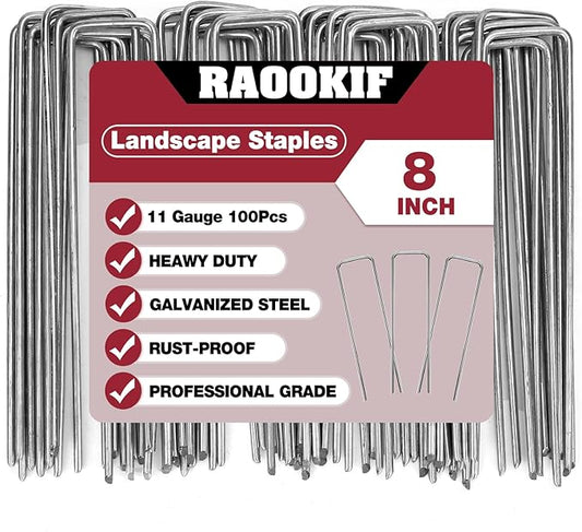 RAOOKIF 8 Inch Galvanized Garden Landscape Staples, 20/50/100/200Pcs Garden Metal Stakes, 11 Gauge Heavy Duty Ground Stakes for Decoration, Fence, Lawn, Fabric Pins