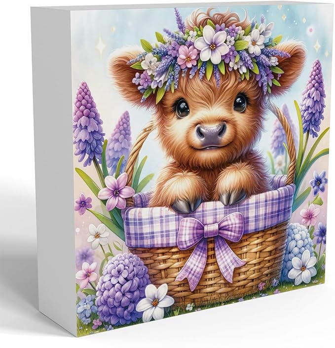 Highland Cow Hyacinth Flowers Decor, Highland Cow Bathroom Decor, Highland Cow Baby Decor, Highland Cow Nursery Decor, Wooden Box Decor Sign for Home Farmhouse Office Living Room Table Shelf Tiered