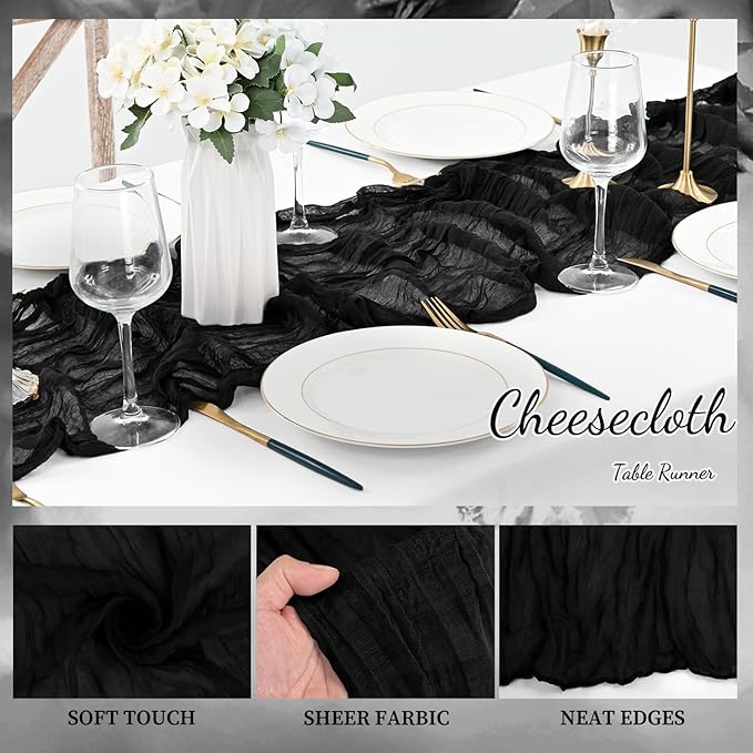 10FT 20 Pack Black Cheesecloth Table Runner 20 x 120 Inch Long Boho Fabric Rustic Cheese Cloth Table Runner for Wedding Bridal Shower Baby Shower Gauze Sheer Birthday Party Table Decorations