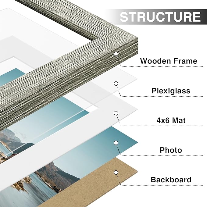 Vittanly 6x8 Picture Frames Set of 9, Shatter Resistant Plexiglass, Display 4x6 Pictures with Mat or 6x8 without Mat, Photo Frames for Wall or Tabletop, Engineered Wood, Grey