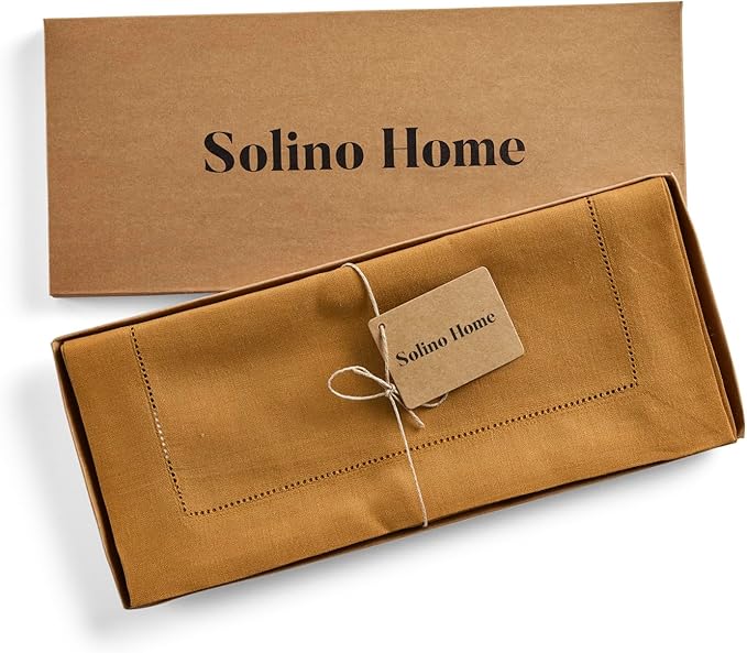 Solino Home Linen Brown Sugar Table Runner 72 Inches Long - 100% Pure Linen Hemstitch Table Runner 14 x 72 Inch for Dresser, Dining, Fall, Autumn, Halloween, Thanksgiving - Classic Hemstitch