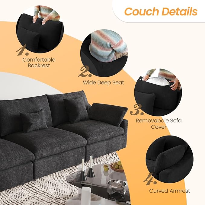 JACH Sectional Couches for Living Room, Cloud Sectional Couch with Deep Seat, Down Filled Modular Sofa, Covers Removeable & Washable, Love Seat Sofas Furniture for Living Room, Black