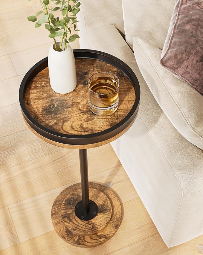 Masupu Drink Table, Round Side Table for Small Spaces, Pedestal Small End Table with Metal Base, for Living Room, Bedroom, Bathroom, Rustic Brown+Black(Lip)