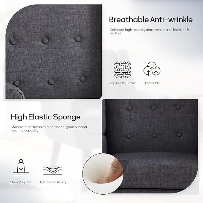 HUIMO Accent Chair Living Room Chair, Upholstered Button Tufted Armchair, Linen Fabric Sofa Chairs for Bedroom, Living Room, Mid Century Modern Comfy Reading Chair (Grey)