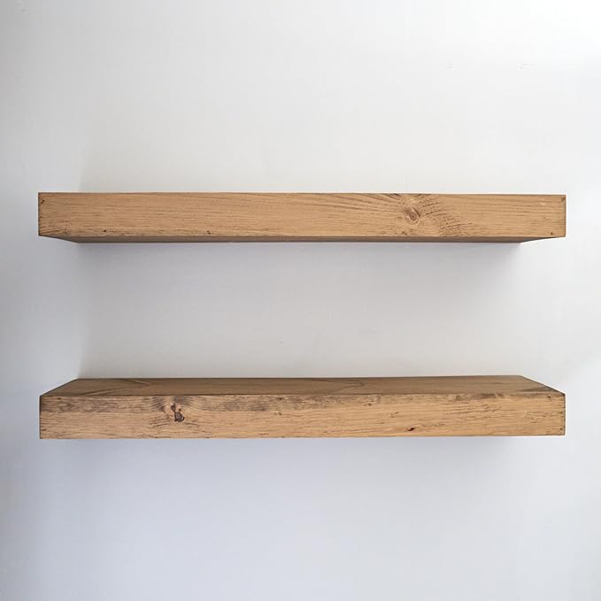 Modern Floating Shelves 3 Inches Thick for Wall, Wide Shelves for Kitchen, Living Room, Bedroom, and Bathroom, Natural Pine Wood, Rustic Wooden Shelf, (Set of 2) (Aged Oak, 60Lx3Hx8D)