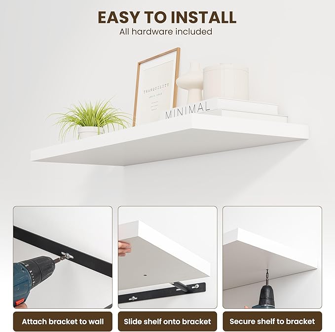 30" Floating Shelves for Wall, 12" Deep Slim White Floating Shelves, Wall-Mounted Shelves for Bedroom, Living Room, Kitchen, Bathroom - Set of 2