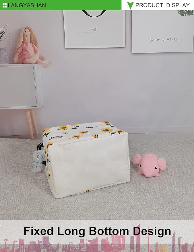 LANGYASHAN Rectangular Storage Bin Collapse Canvas Fabric Cartoon Storage Basket with Handles for Organizing Home Kitchen Boys and Girls Toys Office Closet Shelf Baskets(Rec Sunflower)