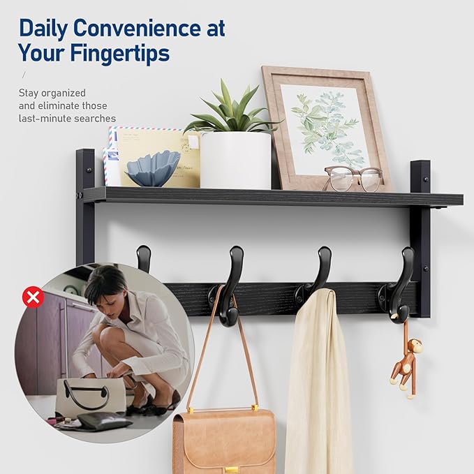 Tatub 20" Rustic Coat Rack Wall Mount with Shelf, Wall Hooks with Shelf, Heavy Duty Entryway Organizer Hangers for Hanging, Hat, Bag, Jacket for Bathroom, Living Room, Bedroom, Black
