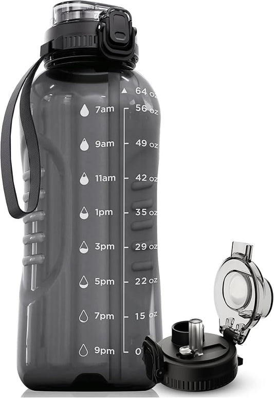 AQUAFIT 64 oz Water Bottle with Time Marker - 2in1 Straw & Chug Lid - BPA Free Big Water Bottle with Straw - Gym Water Bottle with Strap - Water Jug (64 Ounces, Gray)