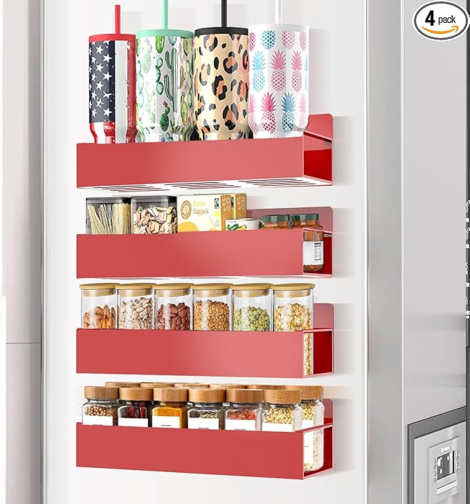 Magnetic Spice Rack Organizer for Fridge Seasoning Organizer for Kitchen Storage With Screw Magnetic Shelf for Oven, RV,Garage,Bathroom (Red, 4pack)