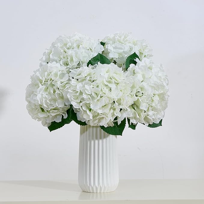 8Pcs White Fake Flowers Silk Hydrangea Artificial Flowers Bouquets Faux Ivory Hydrangea Stems for Home Table Centerpieces Wedding Party Decoration