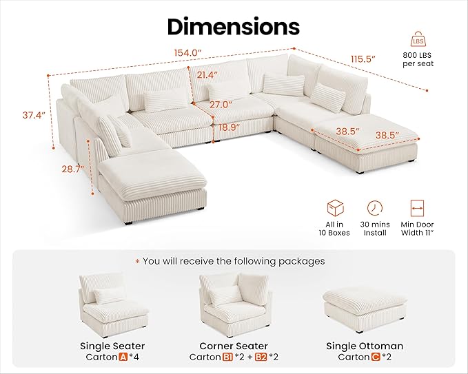 Oversized Modular Sofa, Extra Deep Cloud Corduroy Sectional Couch with Ottoman Chaise, Fluffy Chenille 8 Seater Couch Bed for Living Room, Villa (Sofa Bed 8 Seater, Corduroy White)