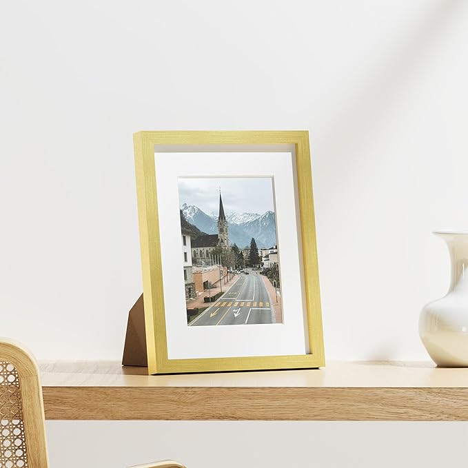 Vittanly 8.5x11 Picture Frames Set of 9, Shatter Resistant Plexiglass, Display 6x8 Pictures with Mat or 8.5x11 without Mat, Photo Frames for Wall or Tabletop, Engineered Wood, Gold